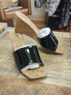 Black Patent Cork Wedge Slide Sandals